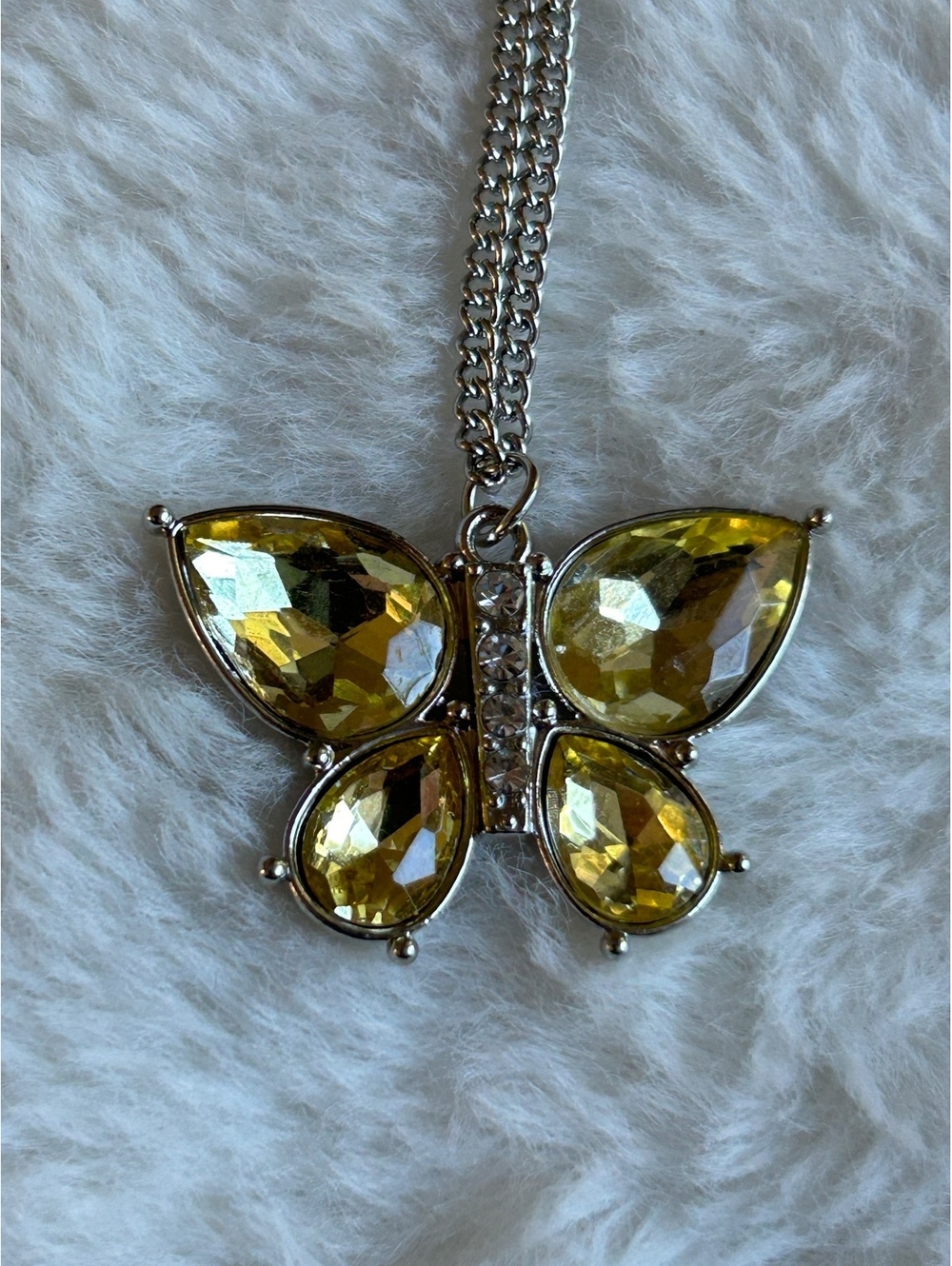 Yellow Crystal Costume Butterfly Pendant Necklace Clear Crystal Accent Earrings